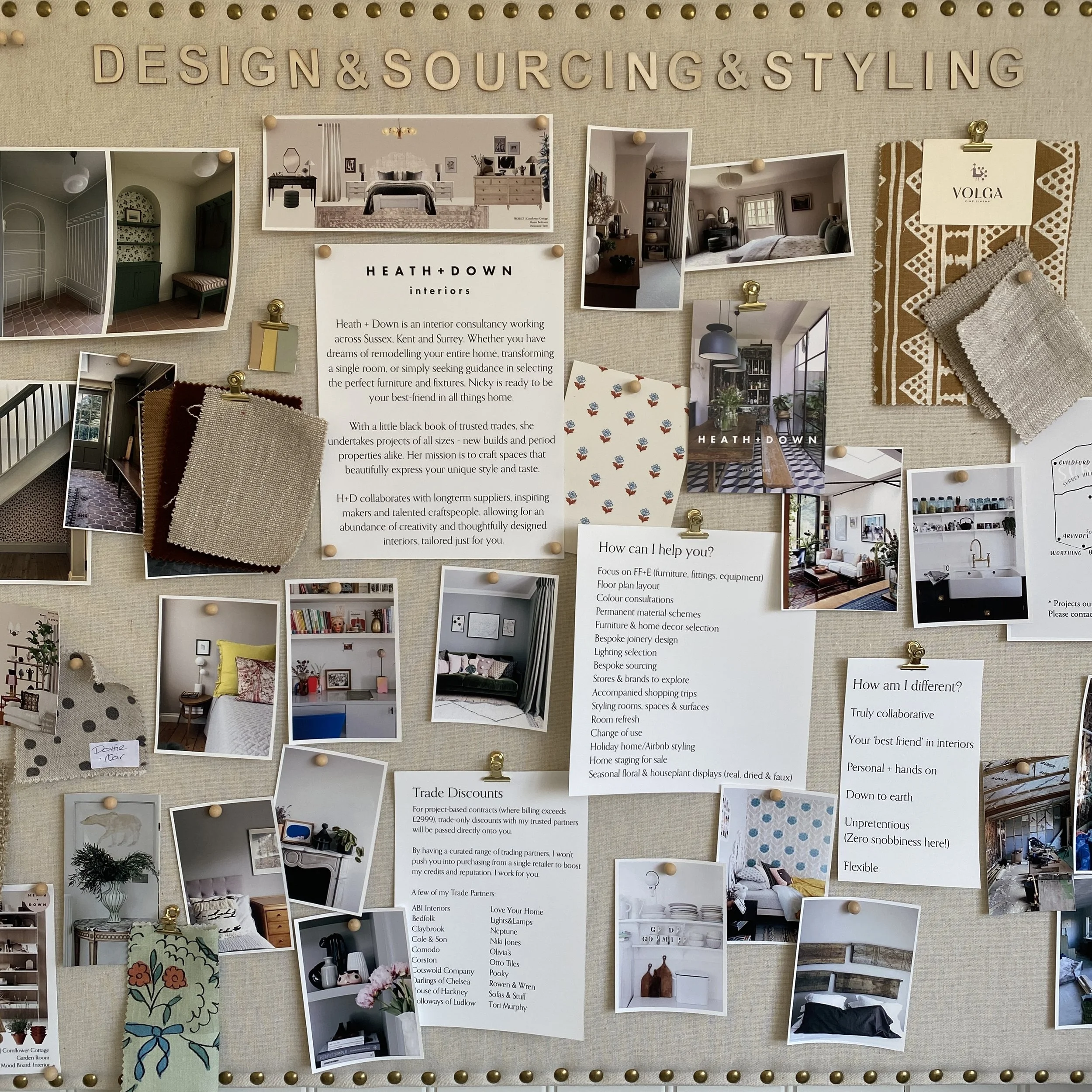 Interior design moodboard showing fabric swatches and room design