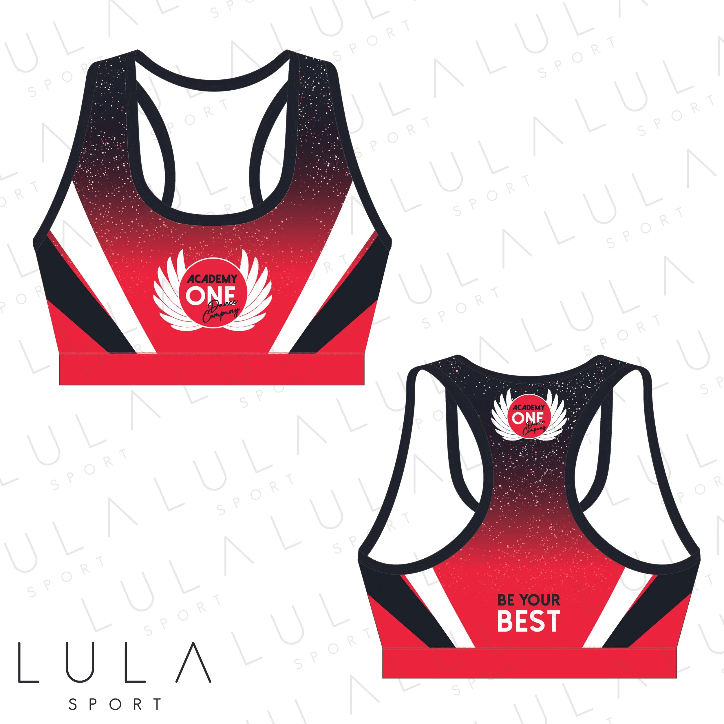 Academy One Dance Company Black Red White Sports Bra Crop Top Dance Uniform