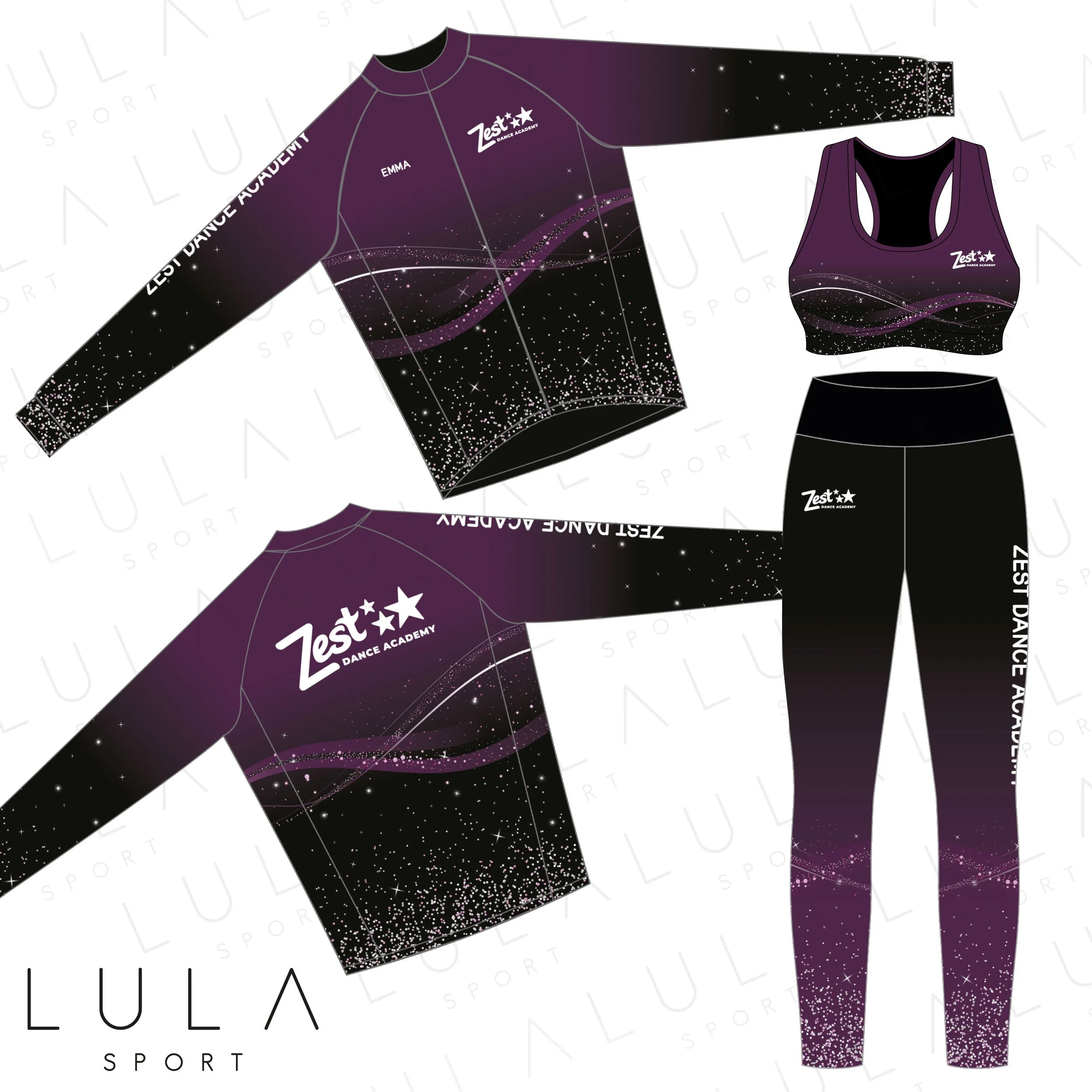 Purple Black Ombre Swoosh Custom Dance Uniform Jackets Leggings Crop Top