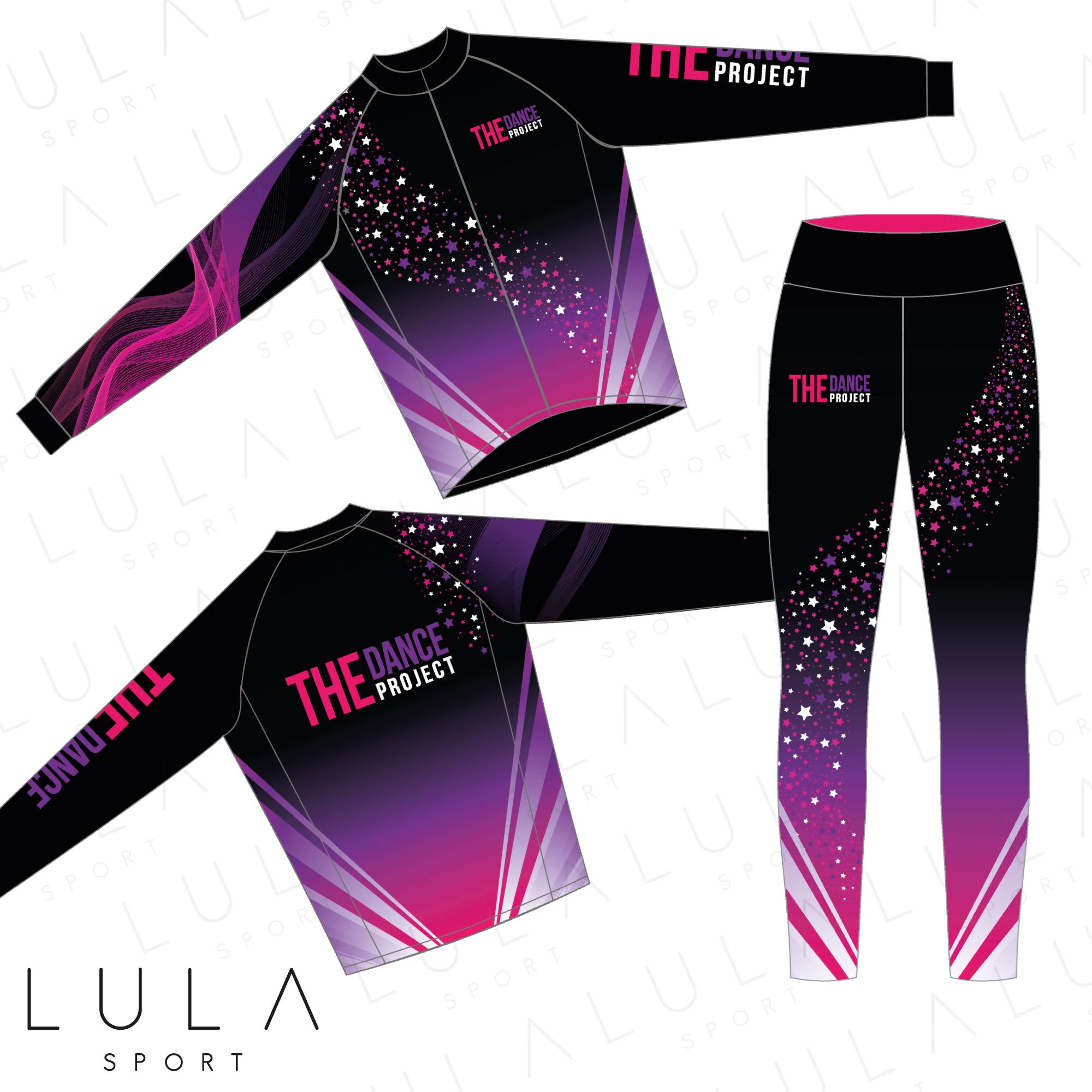 Dance wear set with long-sleeve top and leggings featuring a black, pink, and purple gradient design with stars and "The Dance Project" text from Lula Sport.