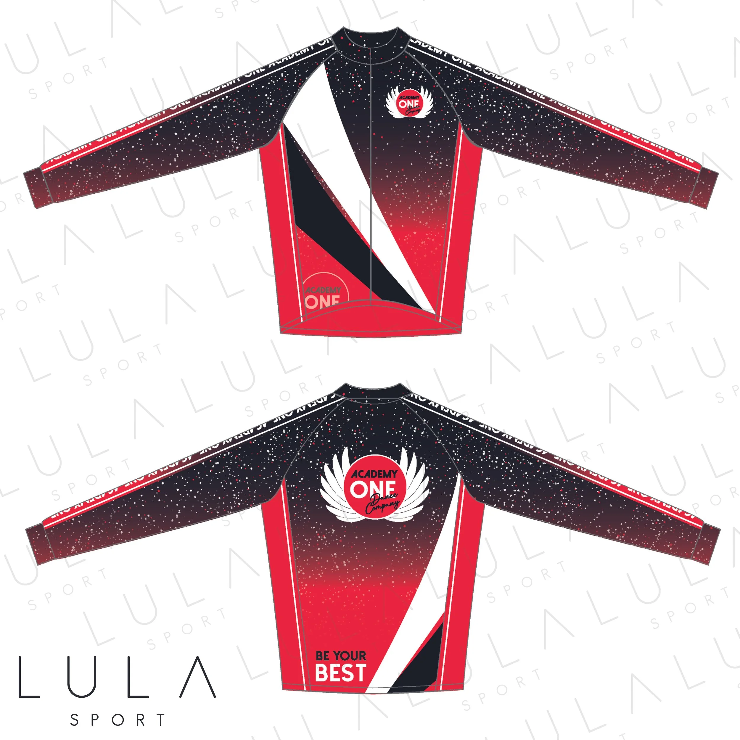 Academy One Dance Company Black Red White Sports Bra Crop Top Dance Uniform