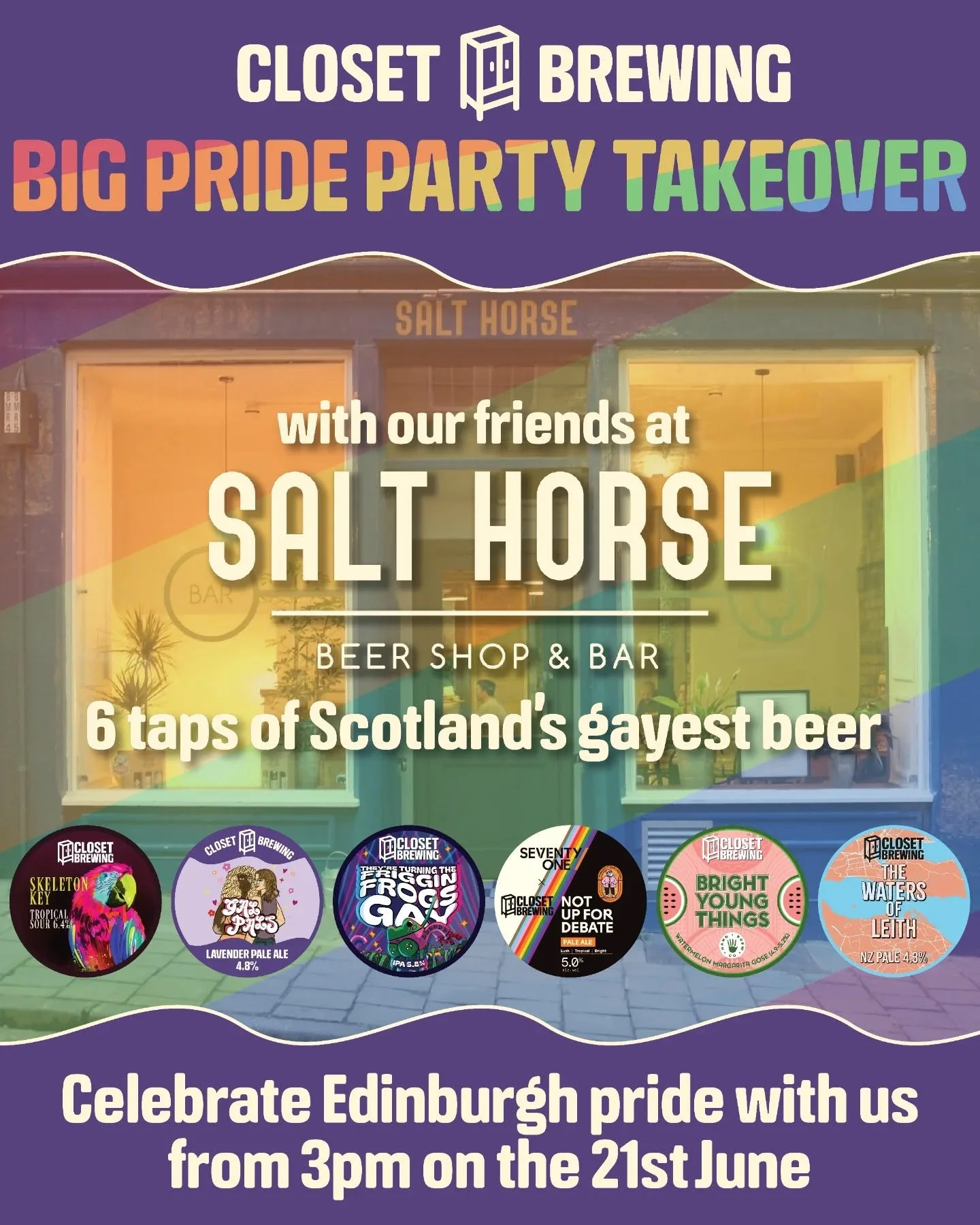 We're very excited to welcome the glorious team from @closetbrewing to Salt Horse for our Pride Takeover! We'll have 6 incredible beers pouring from their selection on Saturday, so some on down and celebrate Pride with the gayest beers in town!