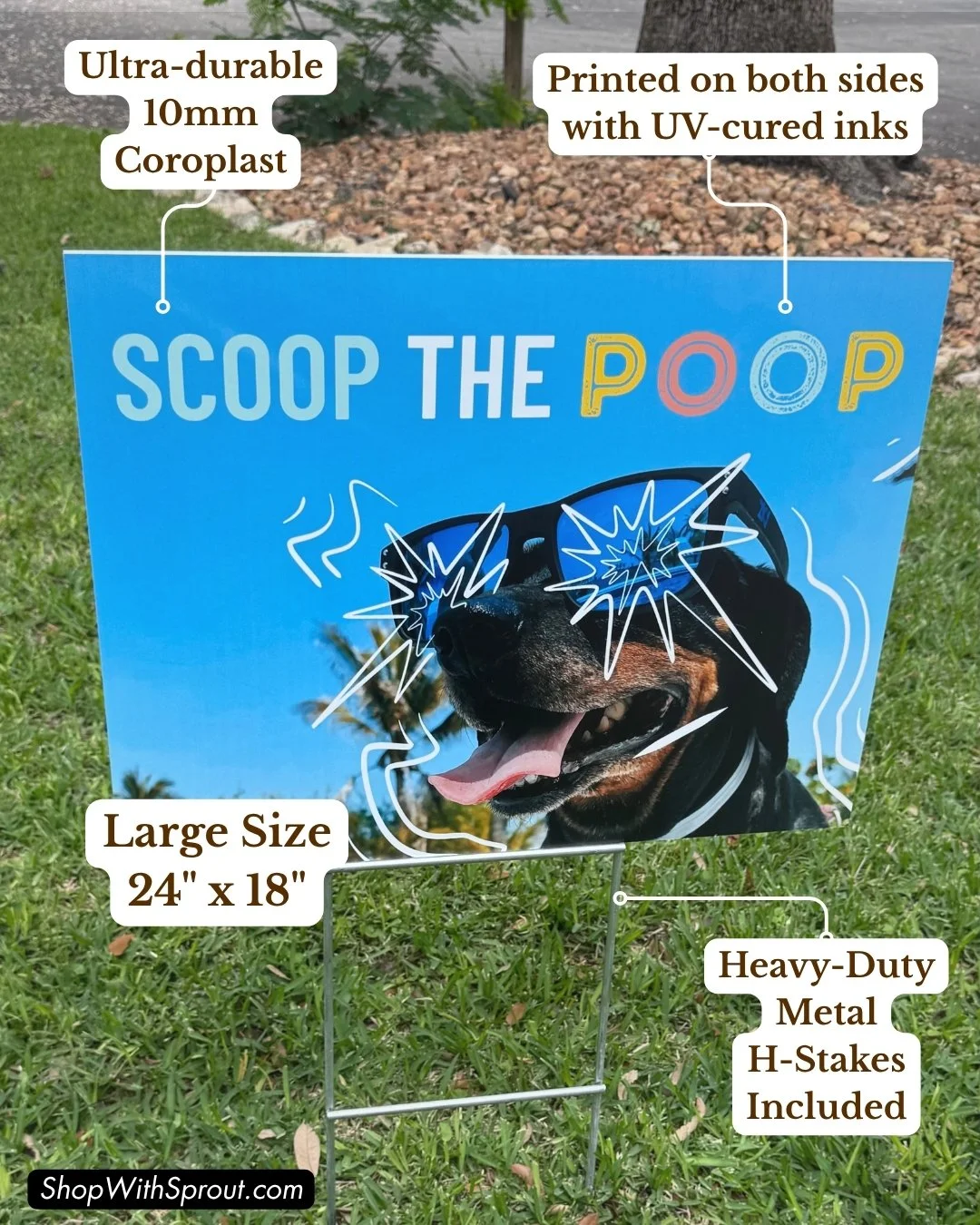 Pet waste sign infographic highlighting 10mm Coroplast, UV-cured double-sided printing, 24x18 inch size, and metal H-stake
