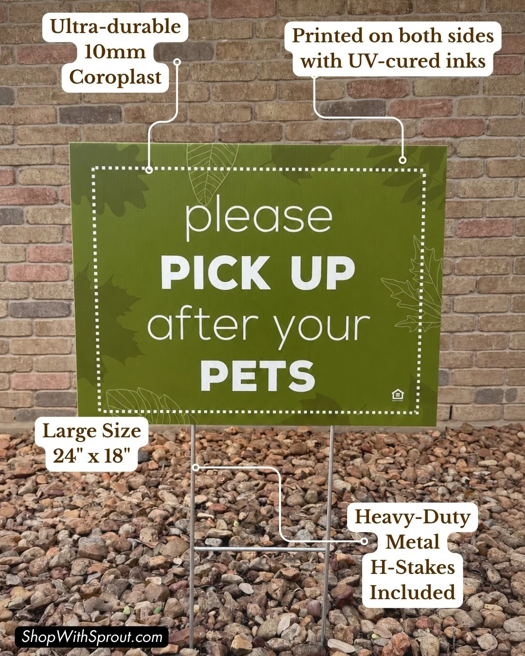 Pet waste sign infographic highlighting 10mm Coroplast, UV-cured double-sided printing, 24x18 inch size, and metal H-stake