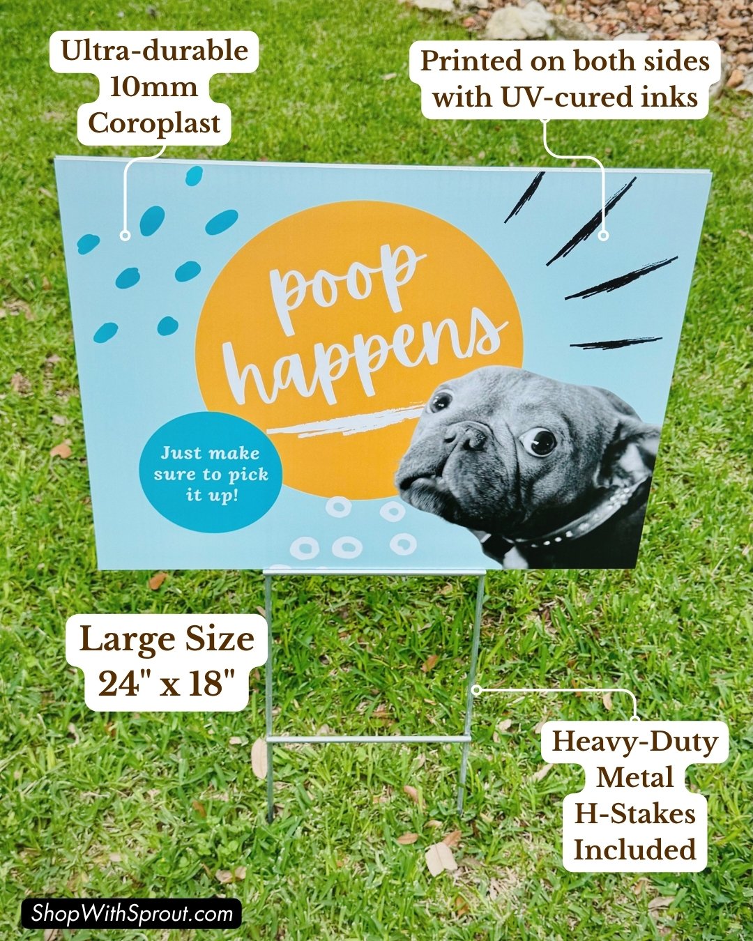 Pet waste sign infographic highlighting 10mm Coroplast, UV-cured double-sided printing, 24x18 inch size, and metal H-stake