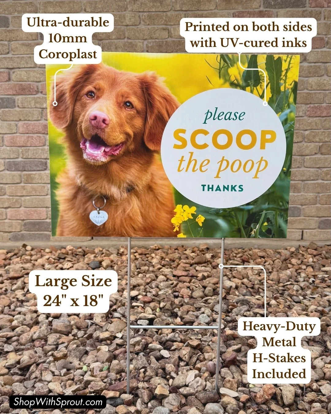 Pet waste sign infographic highlighting 10mm Coroplast, UV-cured double-sided printing, 24x18 inch size, and metal H-stake