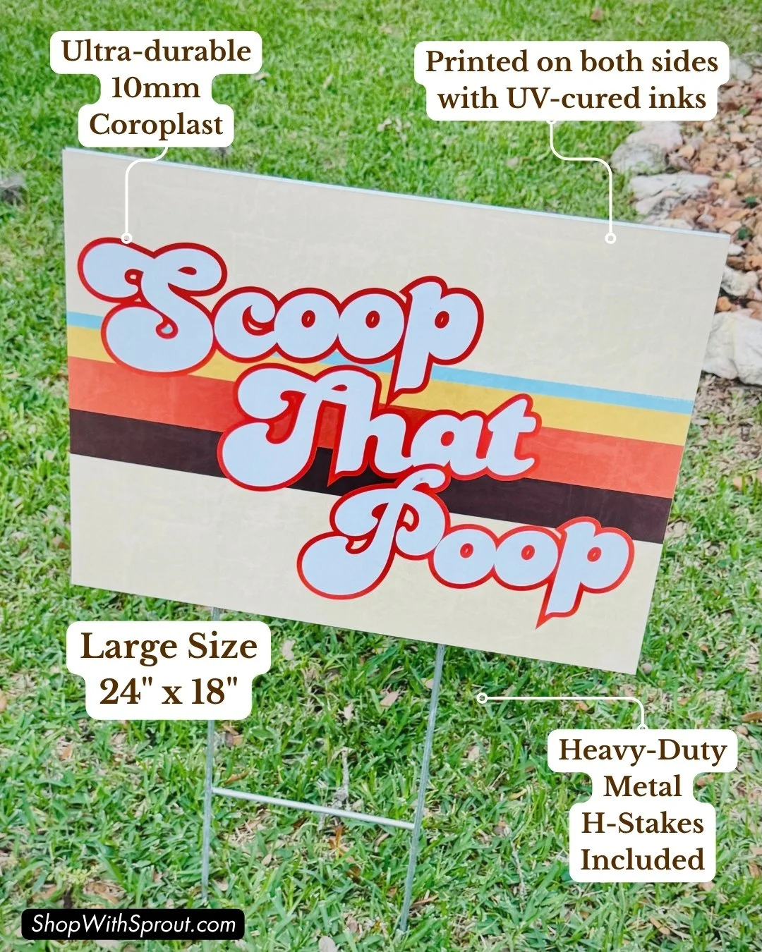 Pet waste sign infographic highlighting 10mm Coroplast, UV-cured double-sided printing, 24x18 inch size, and metal H-stake