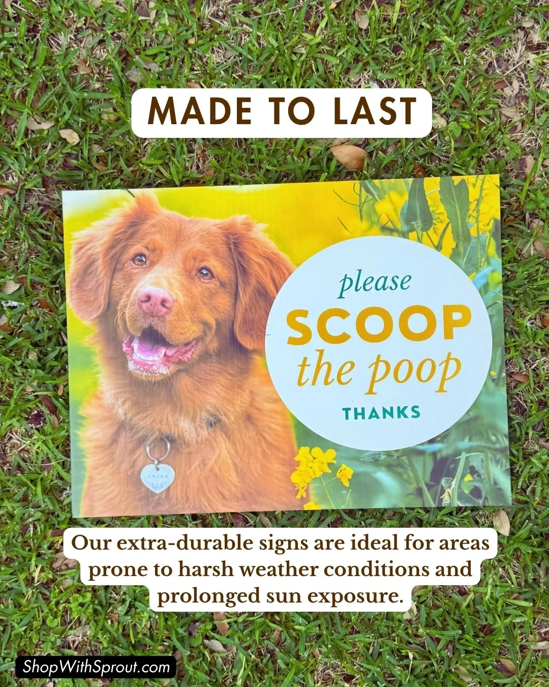 "Please Scoop the Poop" sign lying in grass with "Made to Last" durability graphic