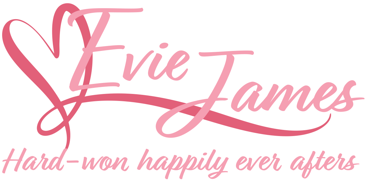 A pink logo with a heart shape and stylized cursive text that reads "Ellie James" and "Hard-won happily ever afters."