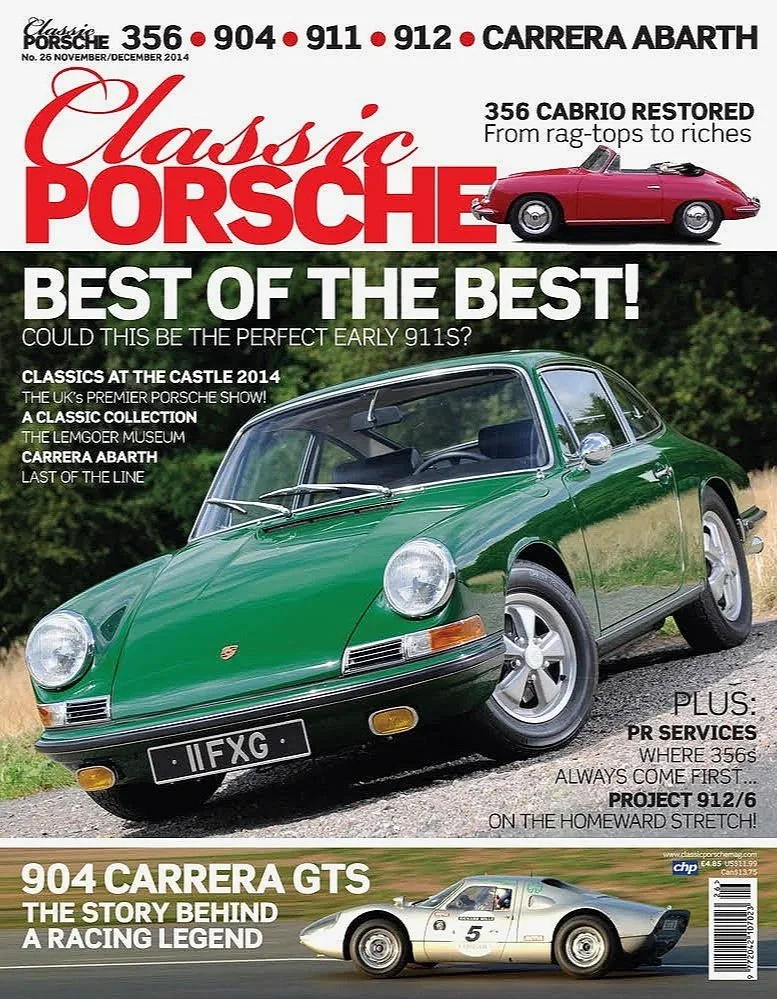 Magazine cover featuring classic Porsche cars, including a green Porsche 911 and a red Porsche Cabrio. The cover text promotes Porsche-related events and stories.