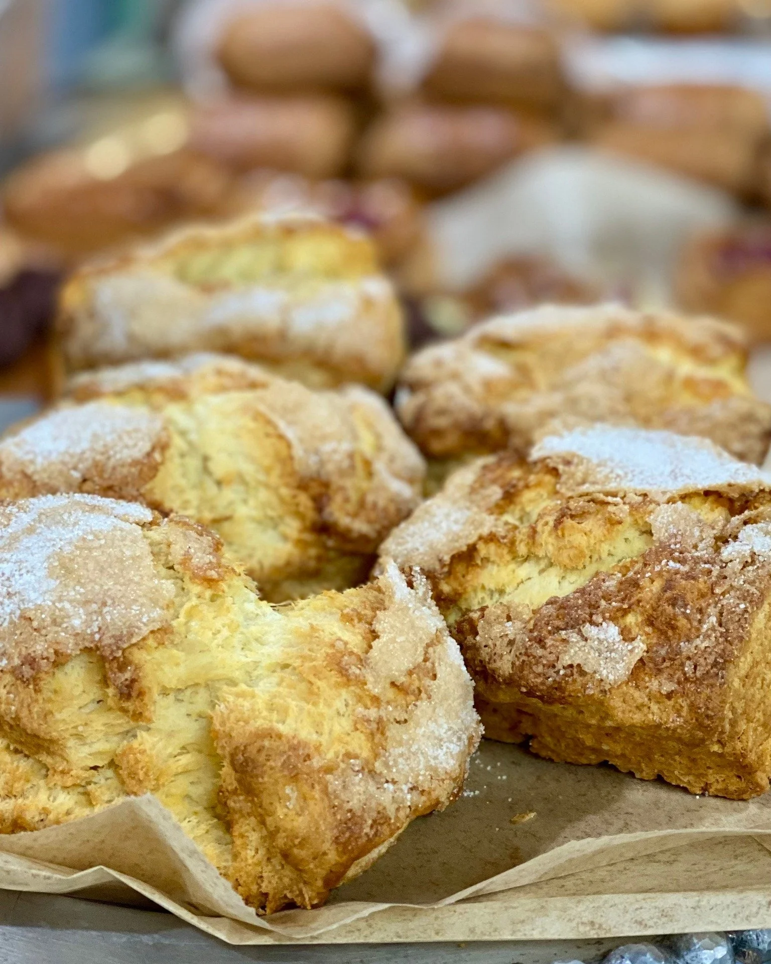 We have Sweet Cream Biscuits for Strawberry Shortcake Season! A buttery, lightly sweet biscuit is the perfect match for freshly picked strawberries. 
We also always have our classic Cinnamon Roll Up and today chocolate croissants are looking really d