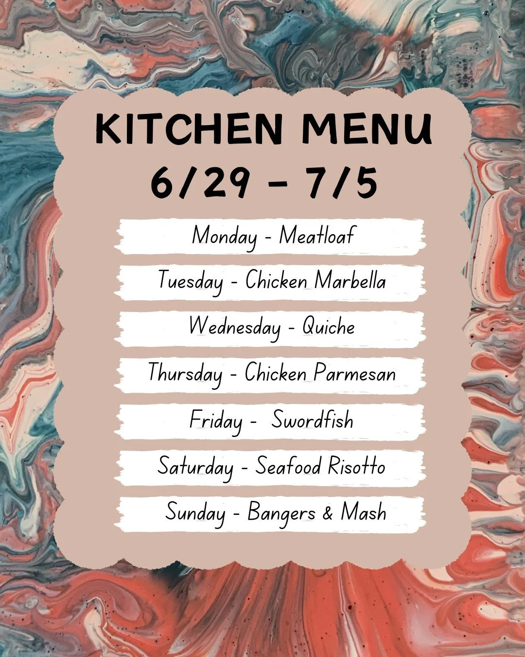 Don't feel like cooking on a hot day? Stop by and check out our Entree Specials!
We are open regular hours on Fourth of July and this weekend! 8-6 Mon-Sat, and 8-5 on Sunday!