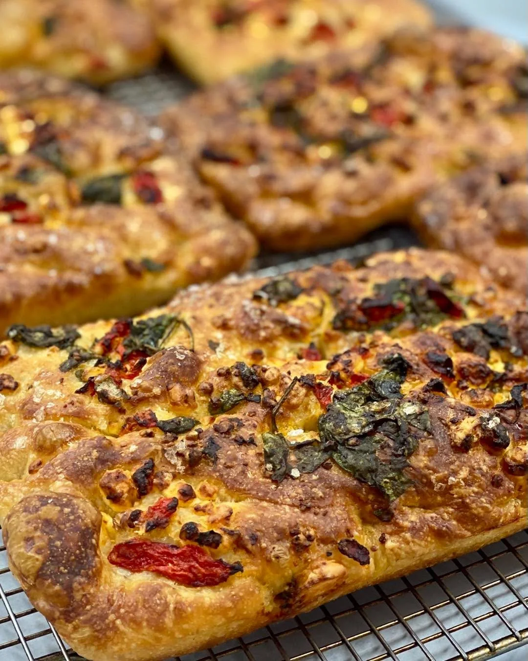 New focaccia flavor! Spinach, Feta &amp; Red Bell Pepper Focaccia fresh out of the oven