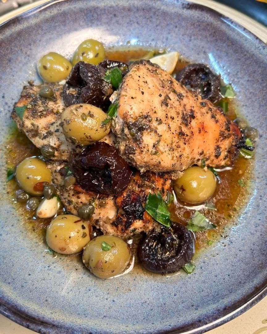 Salty olives and chicken make Chicken Marbella our entree special for today. But there are always other options - like Traditional Meatloaf, or Pesto Tortellini Salad!