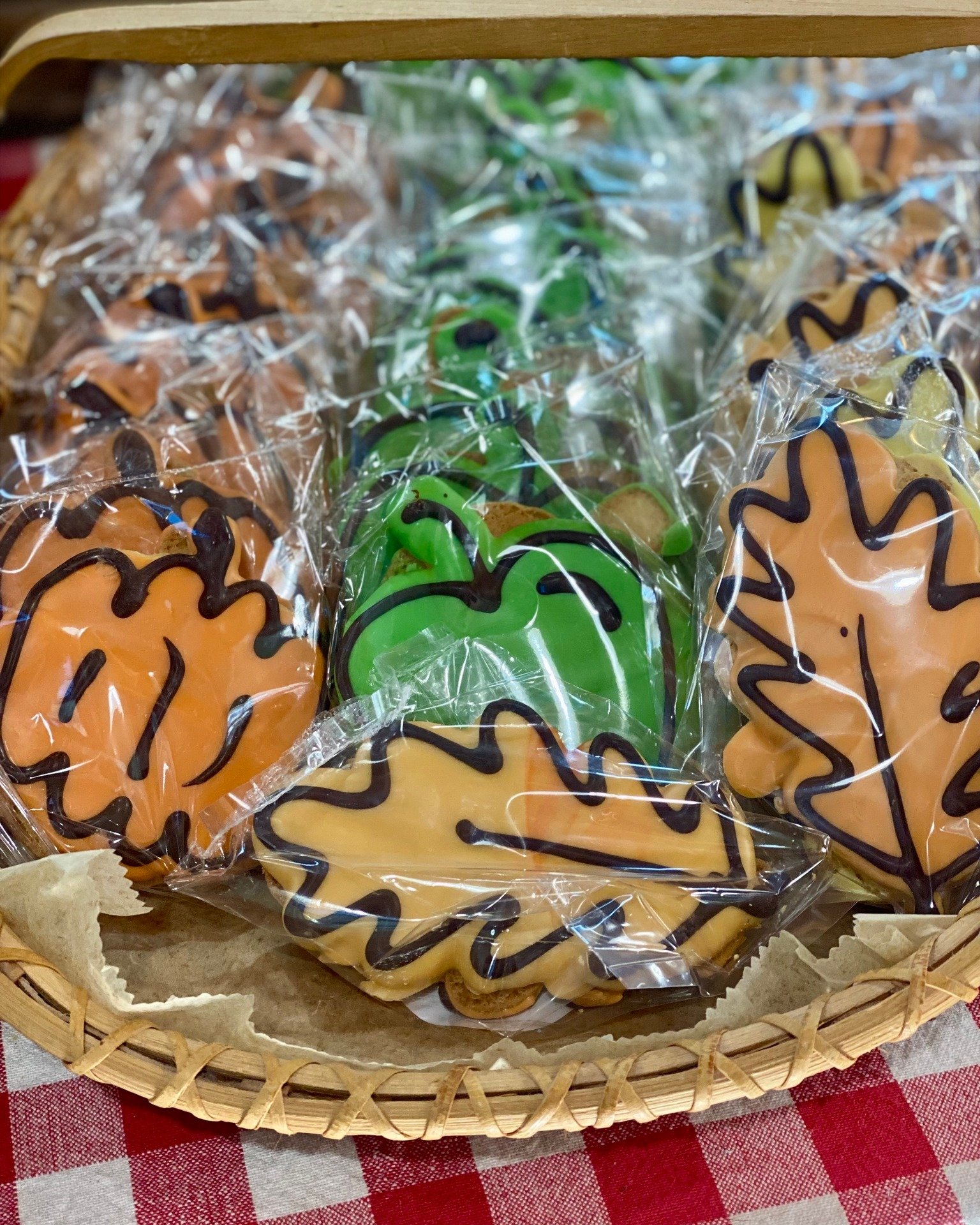 We've got fall themed decorated cookies, as well as our regular cookie varieties. We also have restocked our cider fridge for the weekend!