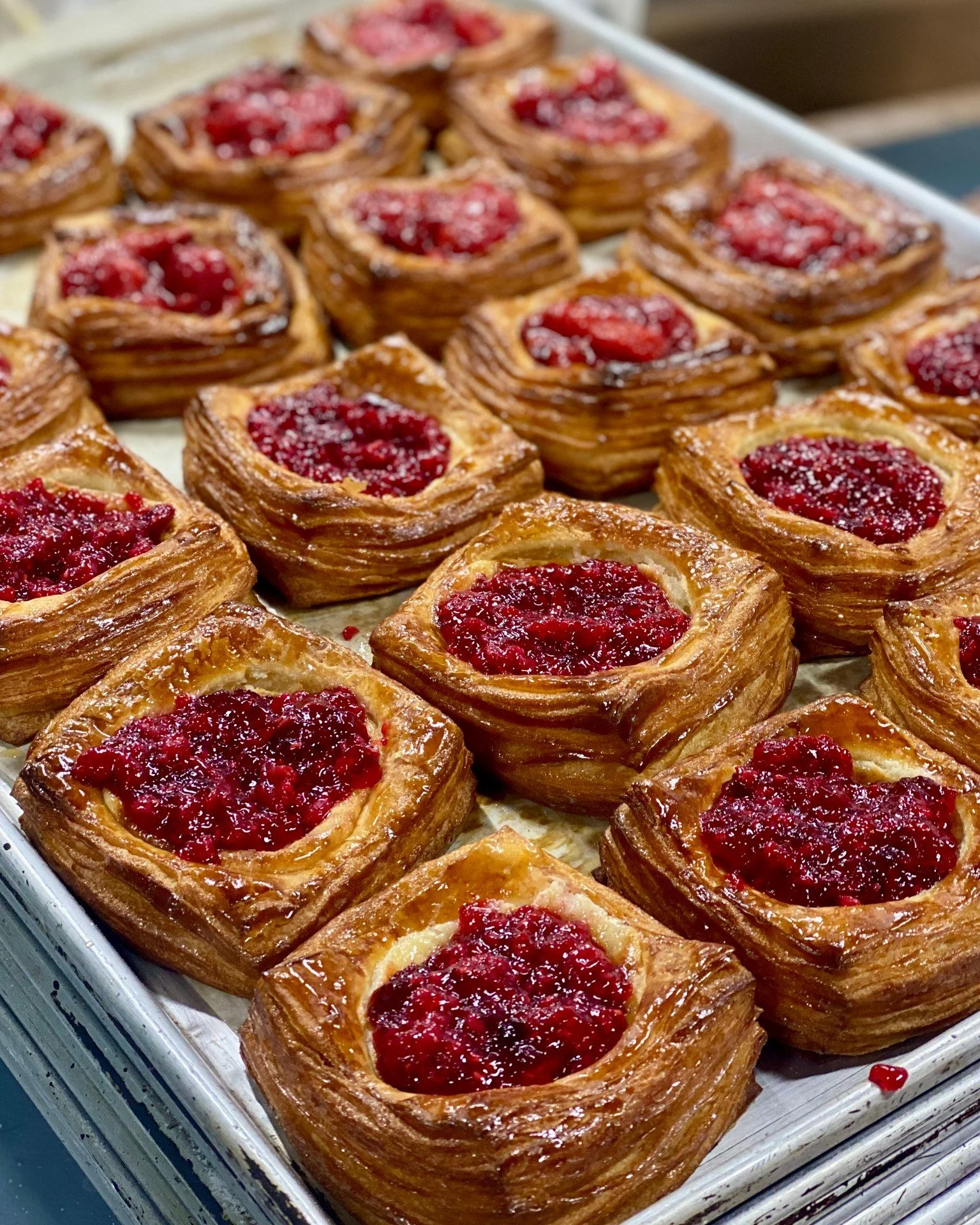 Lots of delectable baked goods today! A whole sheet pan of Fruit Danish, the classic Cinnamon Roll Up, and Chocolate Croissants. 
Car show today at Kent's Hill Orchard from 9am-2pm.