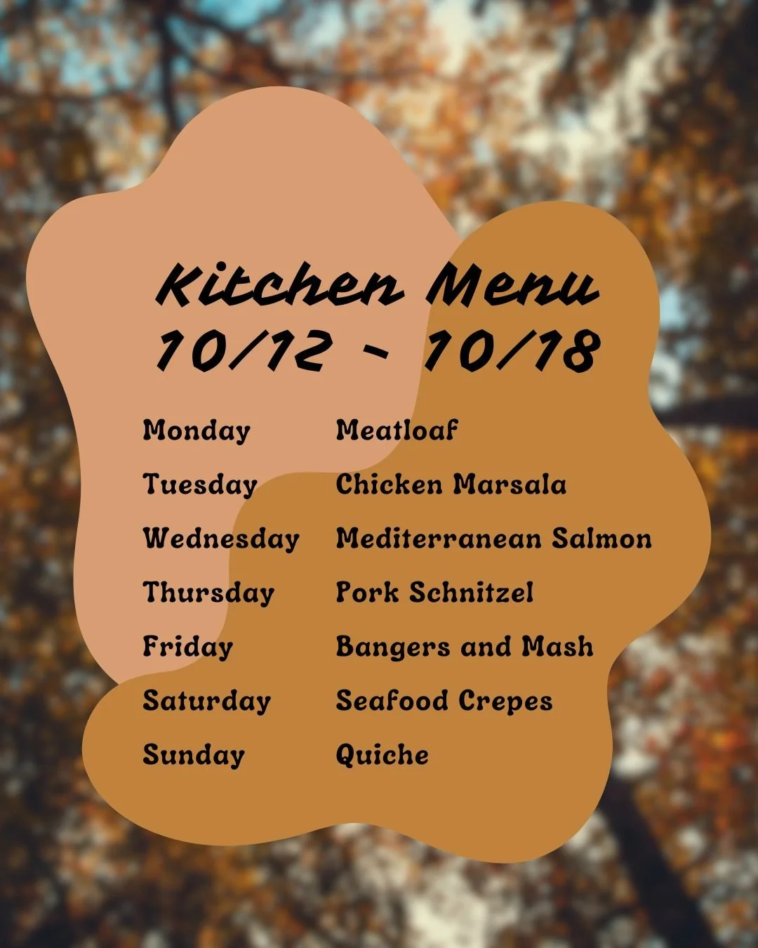 Here's our Menu Specials this week! We're open regular hours this holiday Monday!