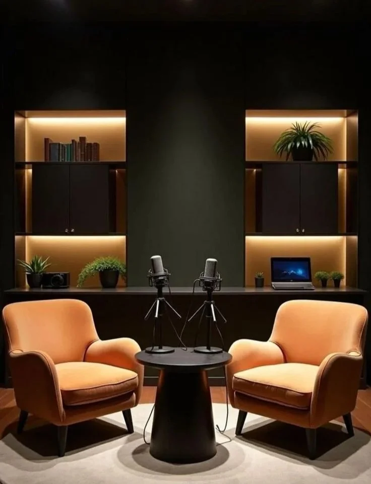 A podcast recording setup with two peach-colored armchairs facing each other, a small black round table with two microphones, and a dark wall with built-in shelves holding books, plants, a laptop, and decorative items, illuminated with warm lighting.
