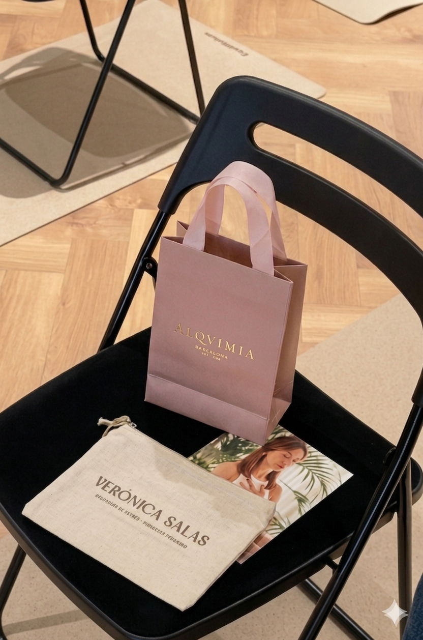 A pink shopping bag with gold lettering on a black chair, a cream-colored pouch with text and a magazine with a woman and green leaves on the cover beneath the bag.