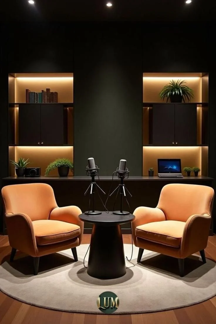 Two peach-colored armchairs facing each other with a small black round table in between, microphones on stands on the table, shelving with books and plants, a laptop, interior lighting, on a light-colored circular rug.