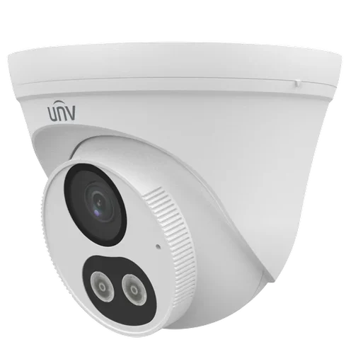 Close-up of a white outdoor security camera with two lenses and a black circular sensor.