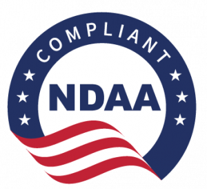 NDAA compliant badge with blue border, white background, and red wave design.