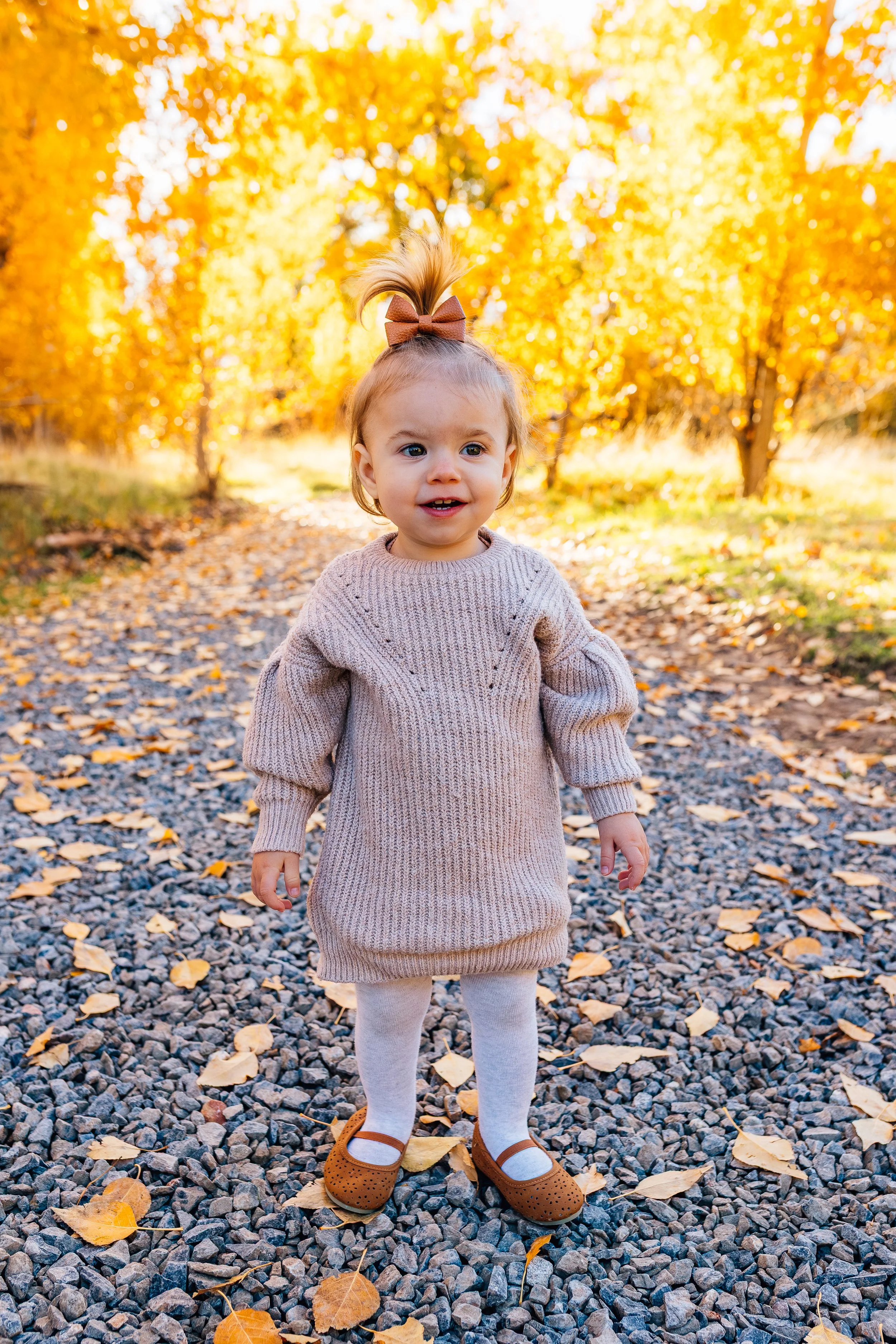 A young girl with a bow in her hair stands on a rocky path surrounded by autumn trees with yellow leaves.