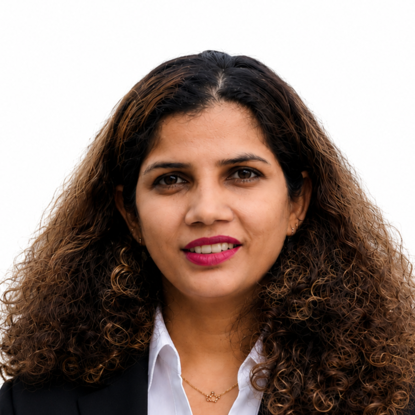 A woman with dark curly hair wearing a white shirt and black blazer, smiling against a plain white background.
