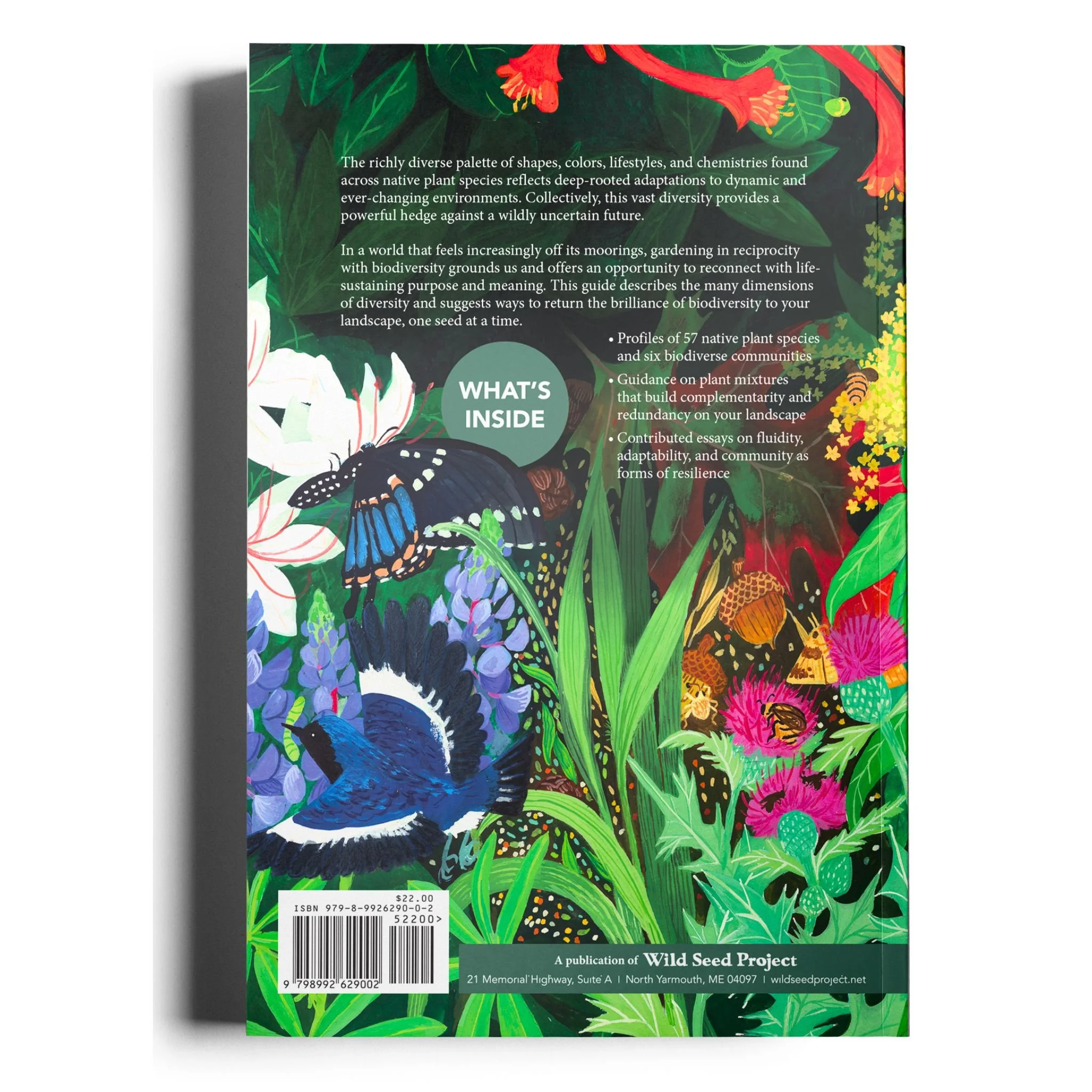 Back cover of a book with a vibrant illustration of green foliage, colorful flowers, a butterfly, and a hummingbird. Text discusses native plant diversity, adaptation, and environmental resilience.