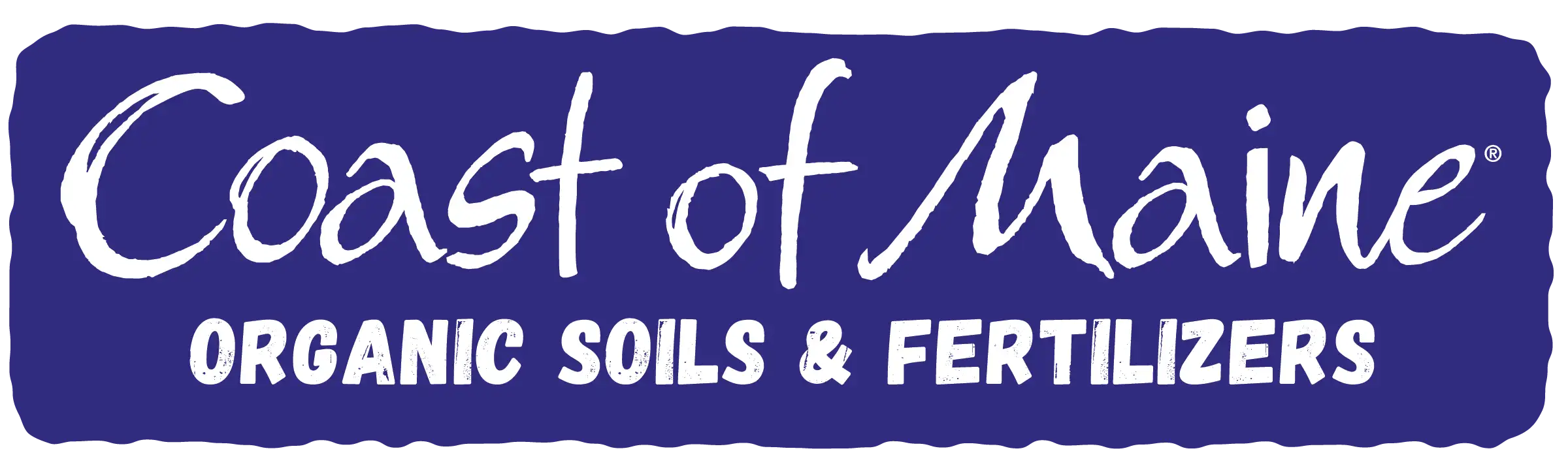 Coast of Maine Organic Soils & Fertilizers logo with white text on a navy blue background.