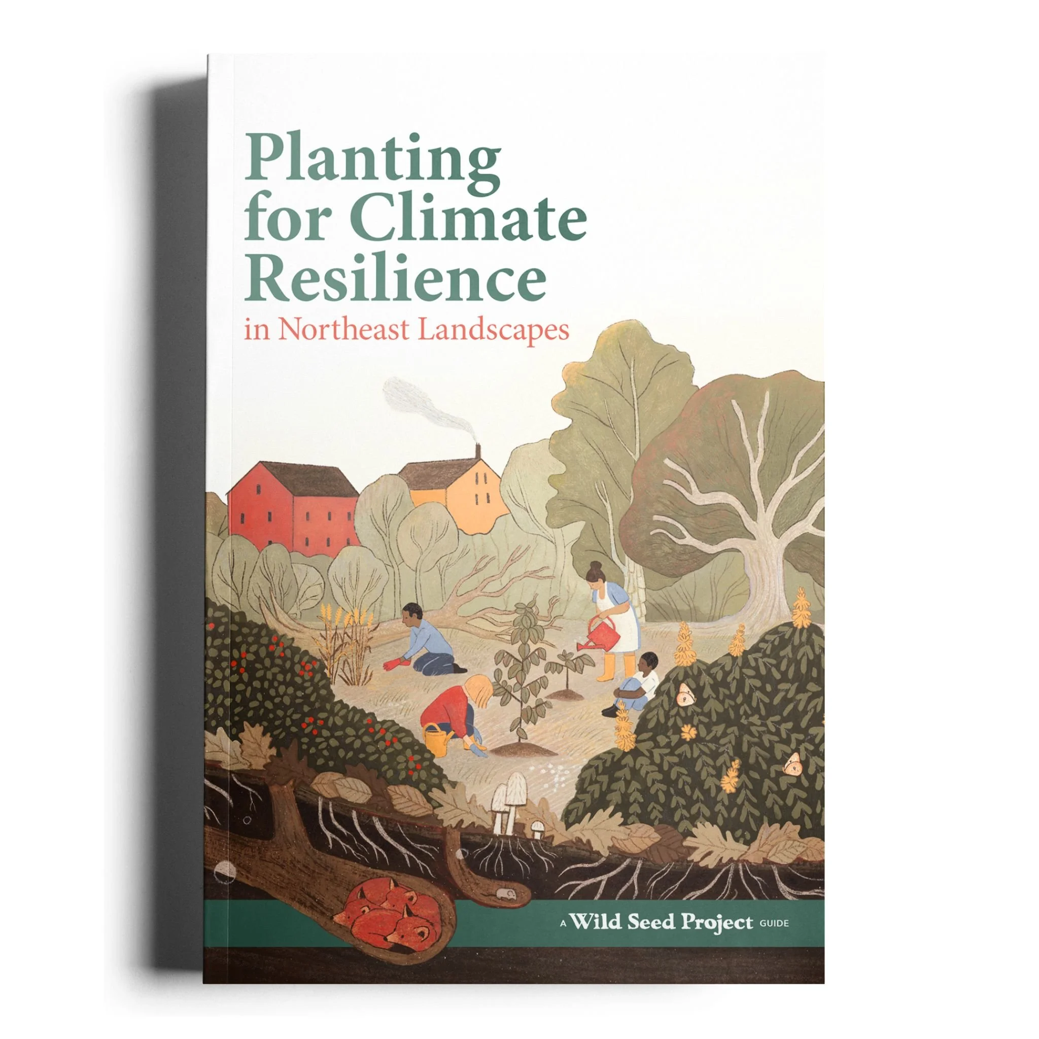 Book cover titled 'Planting for Climate Resilience in Northeast Landscapes' with illustration of trees, houses, and people planting and tending to native plant gardens.