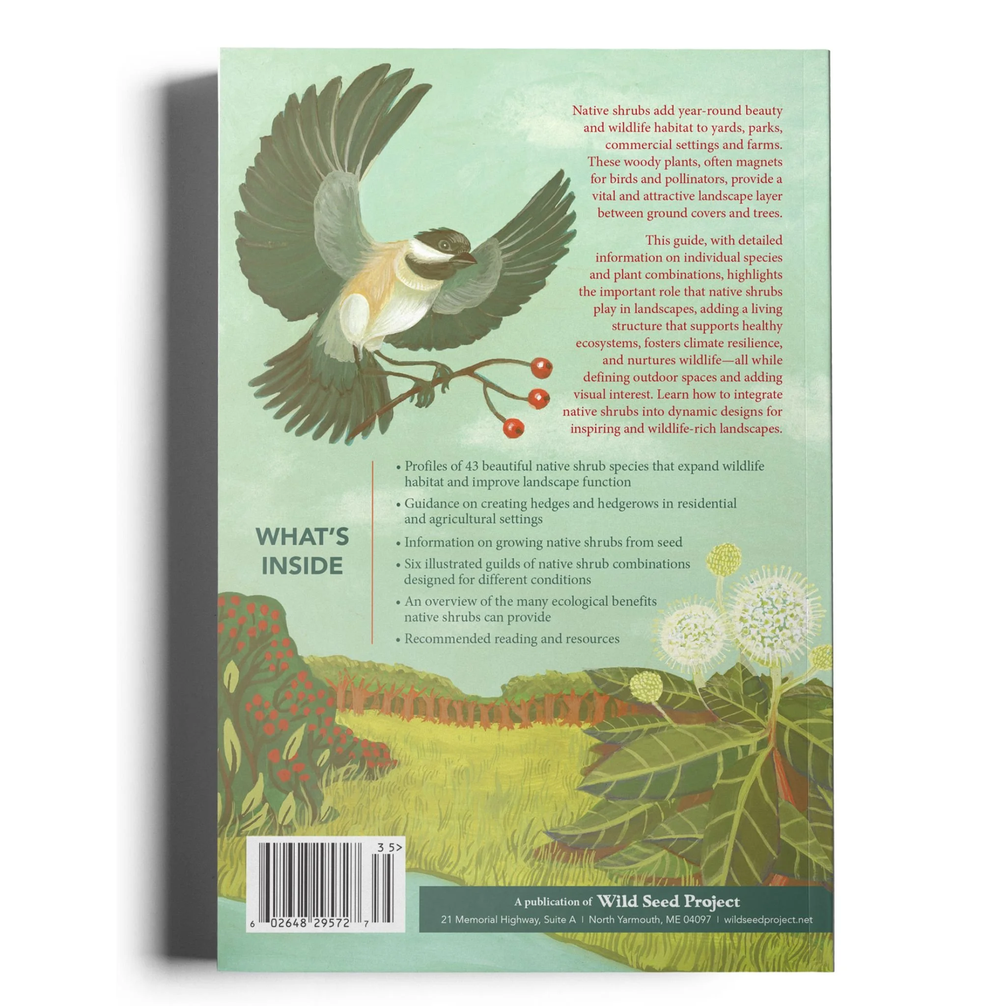 Back cover of a book featuring an illustration of a bird perched on a branch with red berries, surrounded by green foliage and wildflowers, and a block of red text alongside a barcode at the bottom.