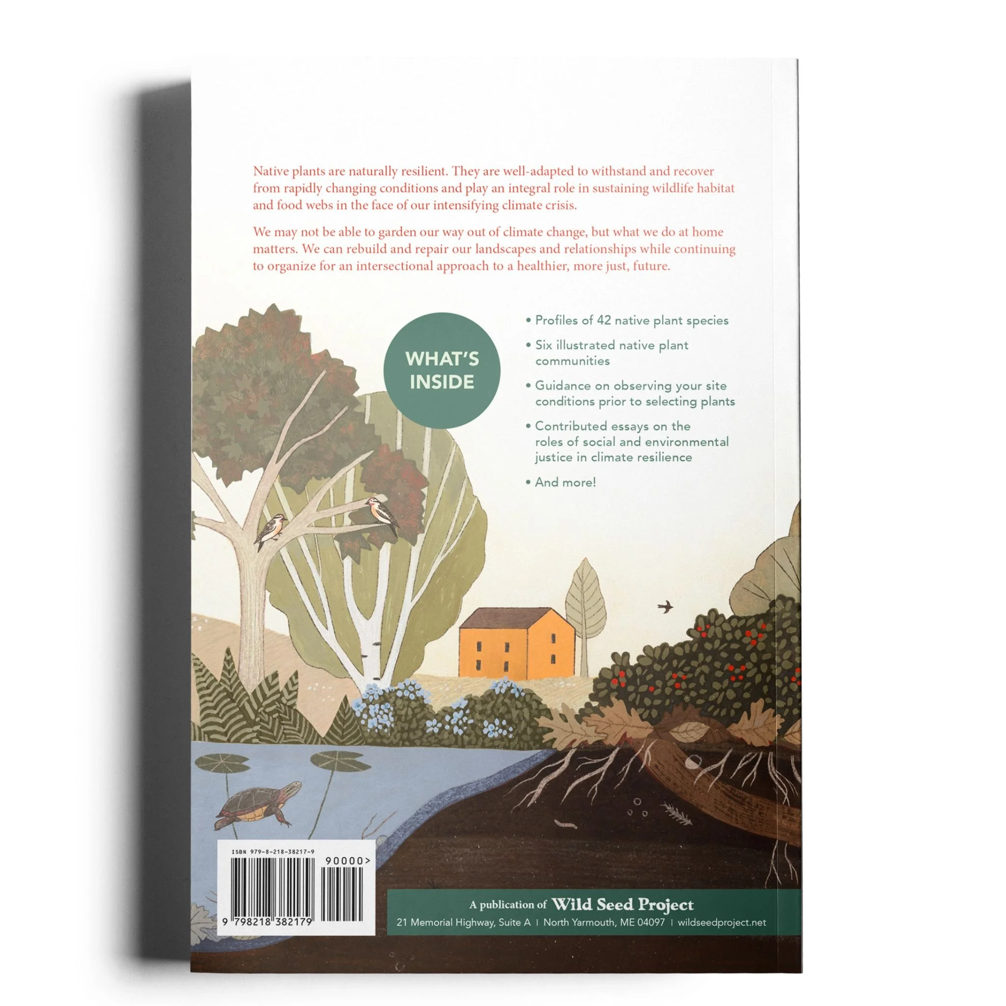 Back cover of a book with illustrated trees, birds, and a turtle, containing text about native plants and ecological restoration.