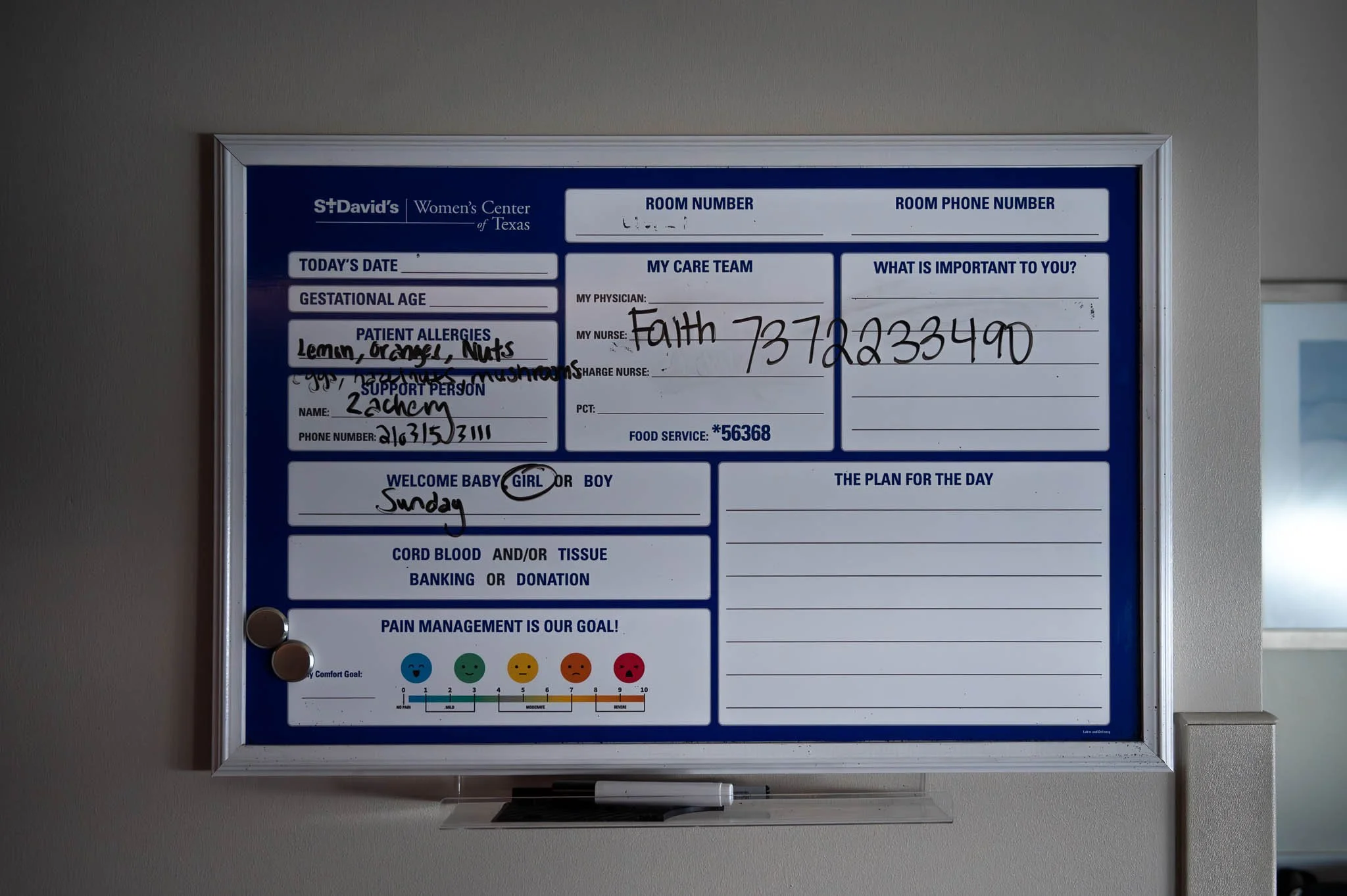 Blue and white hospital whiteboard for Women's Center of Texas with patient information, a list of allergies, support person, and care team details.