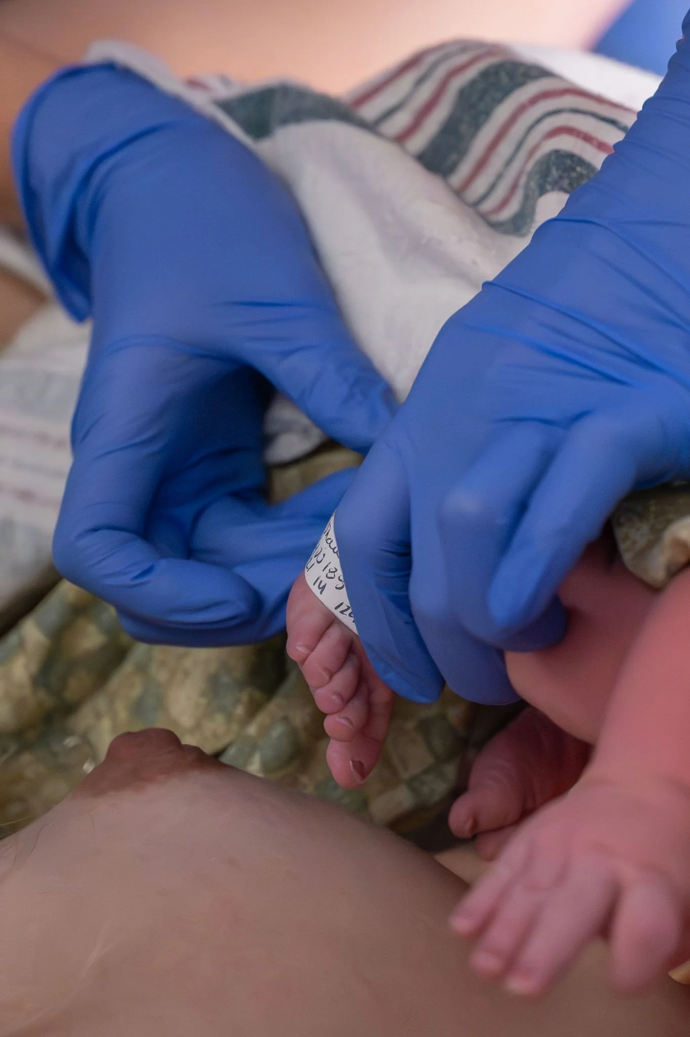 A healthcare worker in blue gloves holding a newborn baby's hand gently.