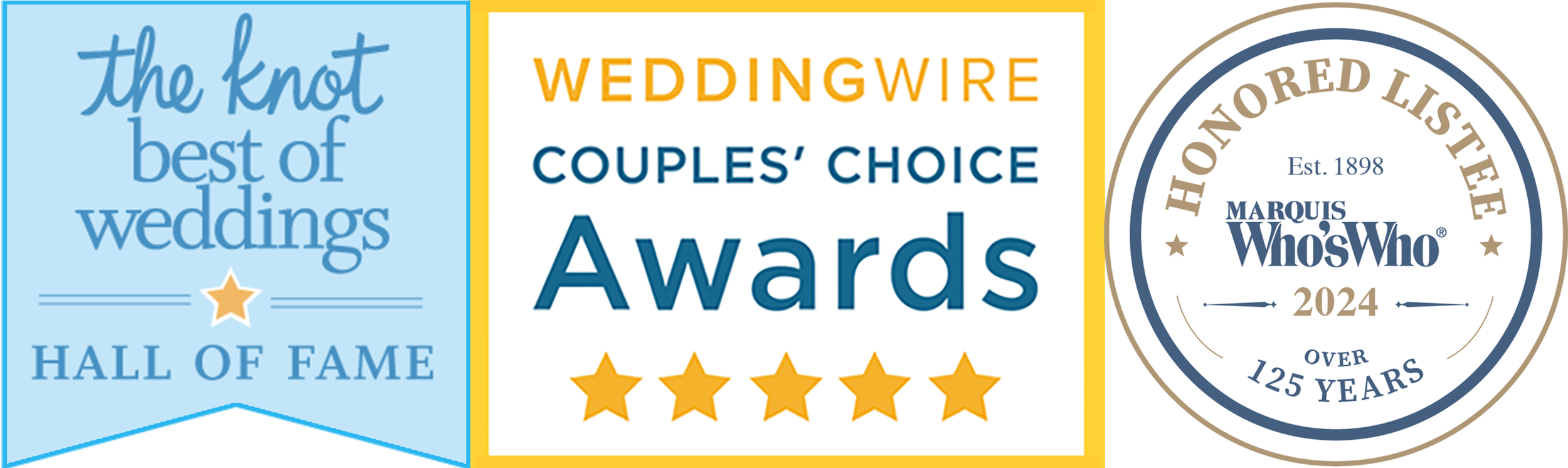 Collection of three award logos: The Knot Best of Weddings Hall of Fame, WeddingWire Couples' Choice Awards with five stars, and Marquis Who's Who Hall of Fame 2024 over 125 years.