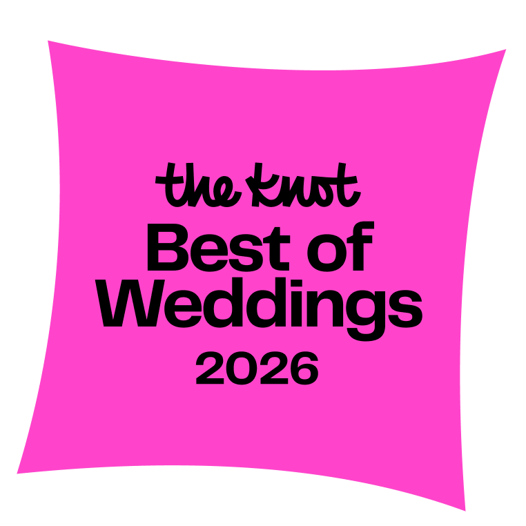 A pink badge with text reading "the knot Best of Weddings 2026"