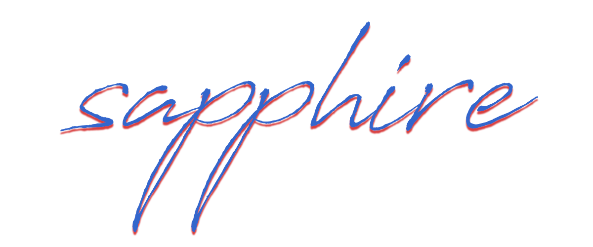 Neon sign with the word 'sapphire' written in cursive, red and blue glowing colors.