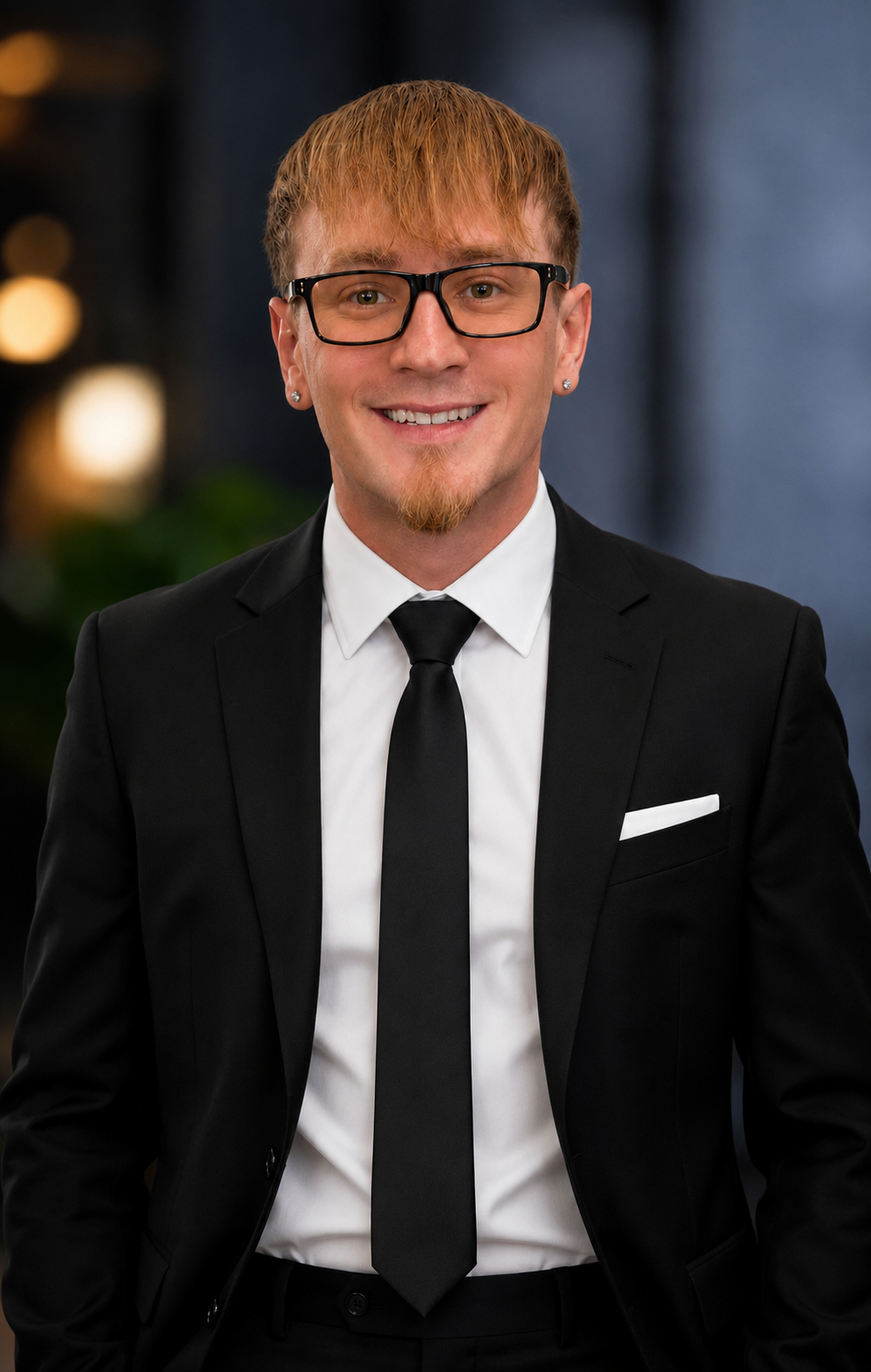 Man in a suit with an orange tie standing in front of an orange background.