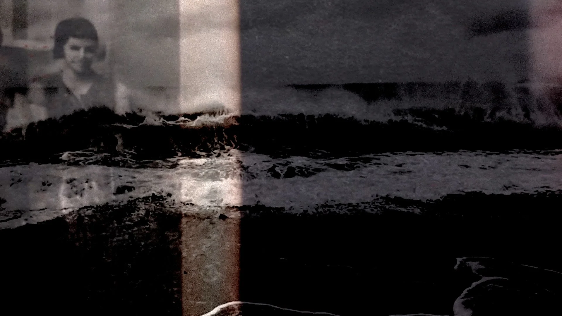 A layered collage combining a portrait of a man, a landscape of waves, and abstract textures in black, white, and muted tones.