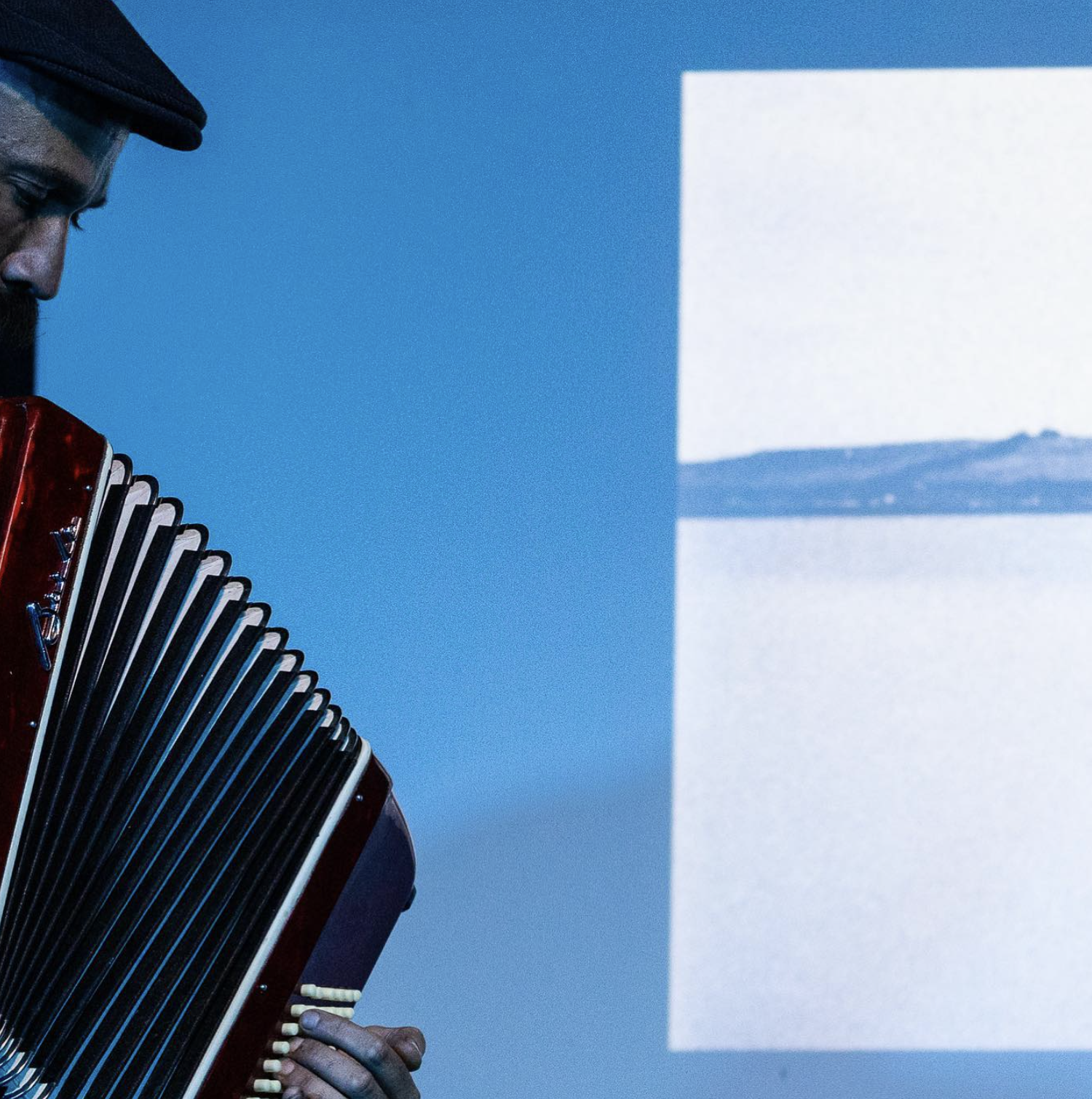A person playing an accordion with a blue wall and a white projection in the background.