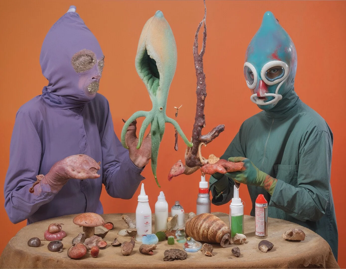 Two individuals wearing colorful alien-like masks and gloves are creating surreal creature sculptures with mushrooms, shells, and other objects on a table, against a solid orange background.