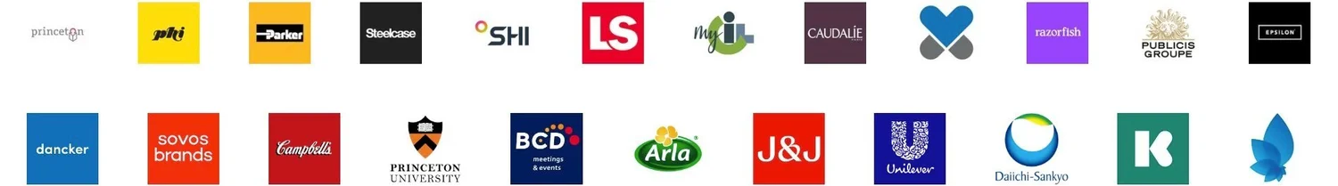 Clients including Princeton, Parker, Steelcase, SHI, Caudalie, Publicis Groupe, dancker, Campbell's, Arla, J&J, Unilever and Daiichi Sankyo