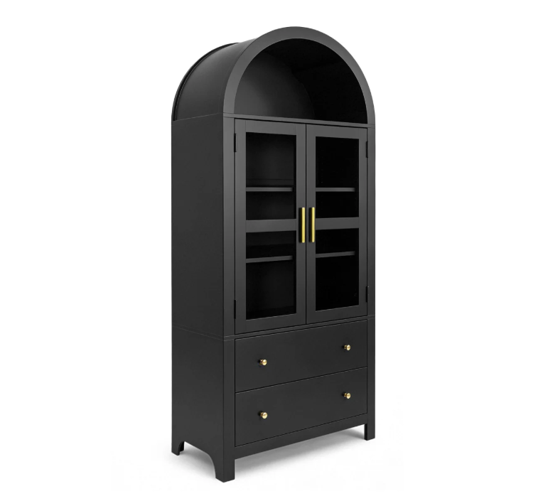 Black wooden display cabinet with two glass-paneled doors, gold handles, and two drawers at the bottom
