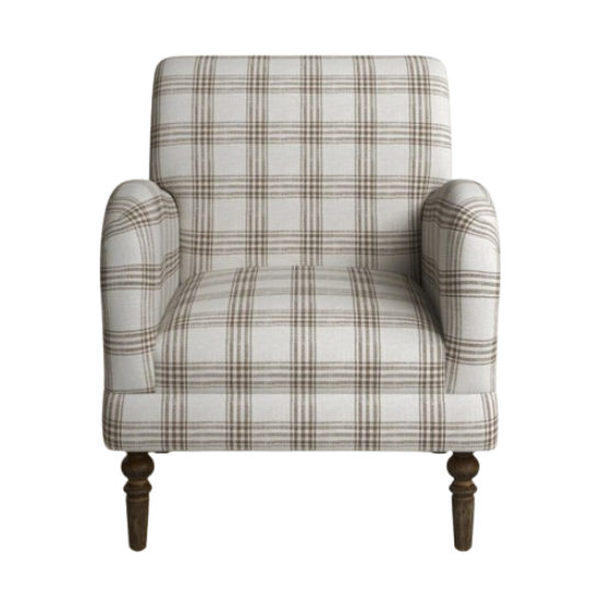 Armchair with beige plaid fabric and dark wooden legs.