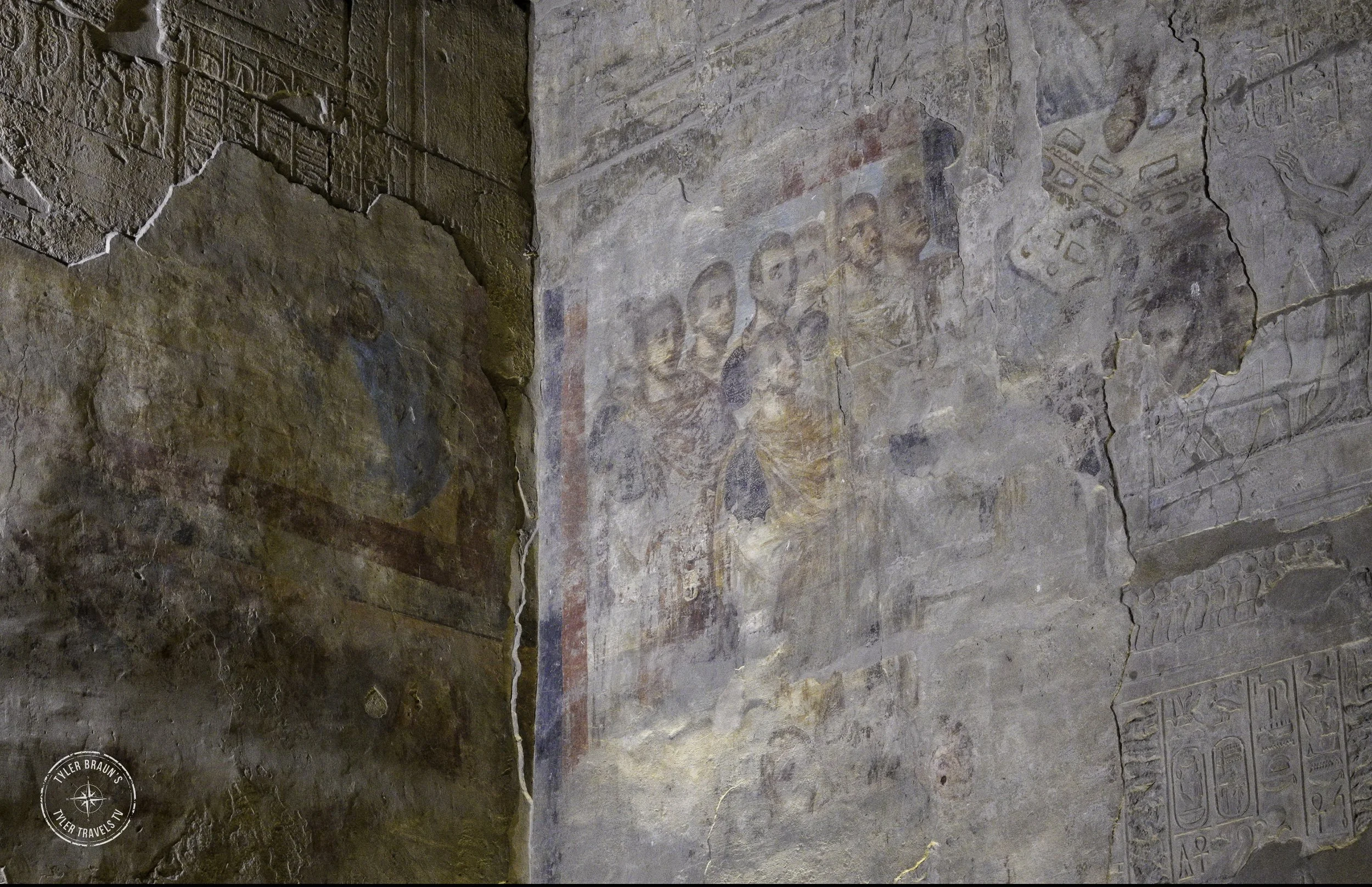 Roman frescoes peeling and revealing Egyptian hieroglyphs underneath, Temple of Luxor, Egypt