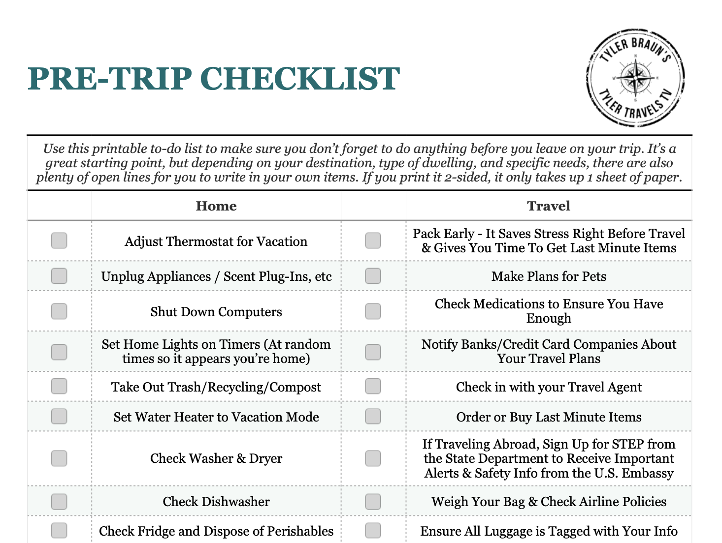 Pre-trip checklist document with items for home and travel preparations, including adjusting thermostat, unplugging appliances, shutting down computers, setting home lights, packing last-minute items, checking medications, notifying banks, and more.