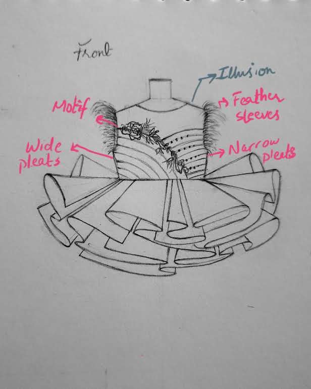 This design portrays material exploration and fabric manipulation. The top is pleated to create an illusion sweetheart neckline. the pleats also have embellishments all over the bodice. The dress is kept sleeveless with feather detail on the arm hole