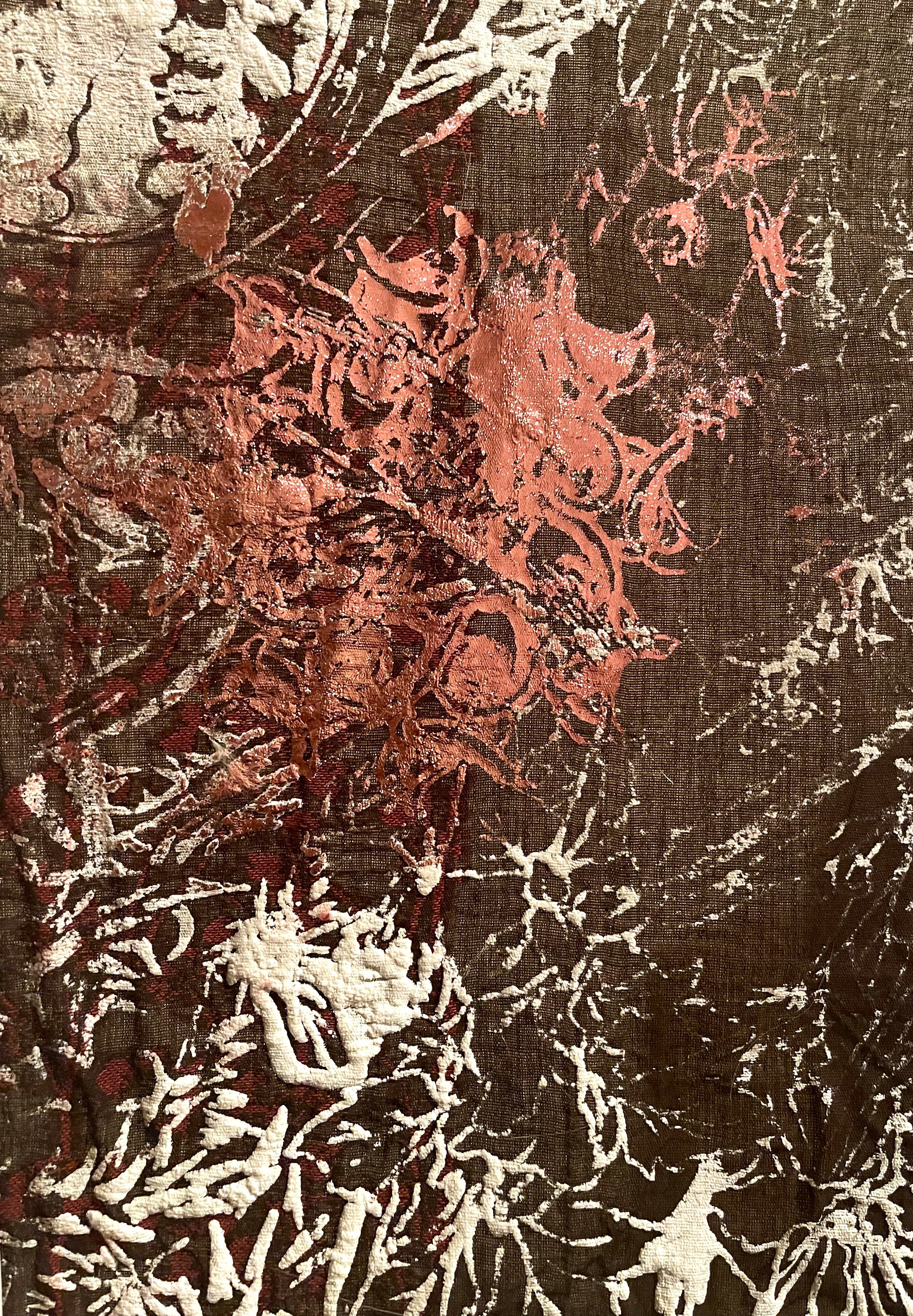 This image showcases a mix media printing technique. This print consists of foil and EV puff pigments done with screen printing.
