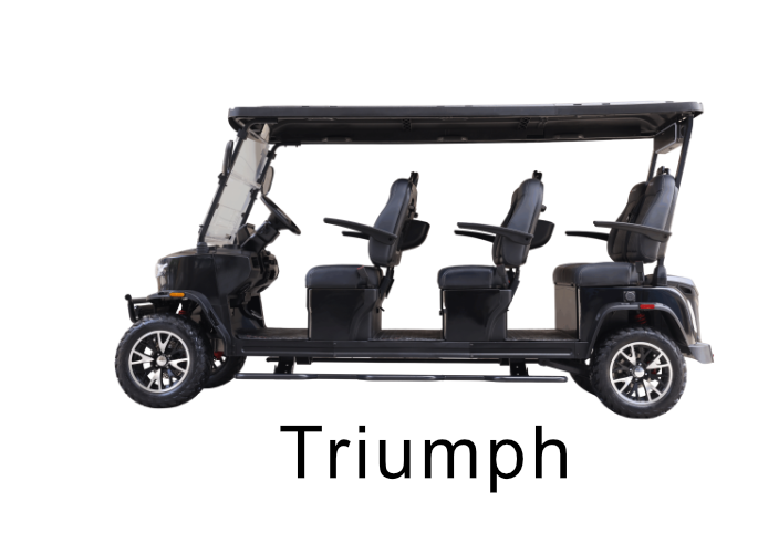 Black golf cart with three seats and a canopy, labeled 'Triumph' at the bottom.